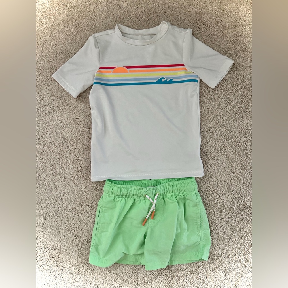 Boys 4T/5T Neon Green Swim Trunks with Multicolor Rash Guard